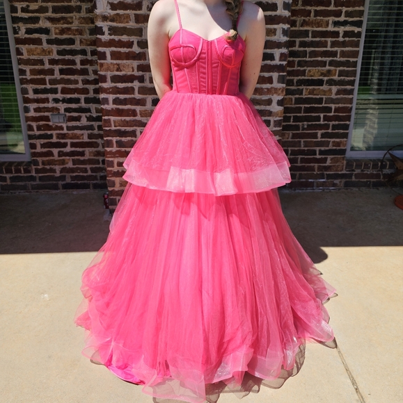Pink Ruffled Tiered Prom Gown - Picture 2 of 5